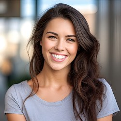 Closeup of woman in grey shirt smiling outside