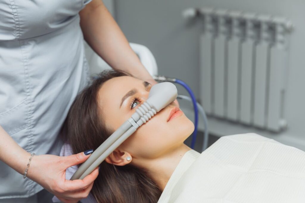 A woman undergoing nitrous oxide sedation